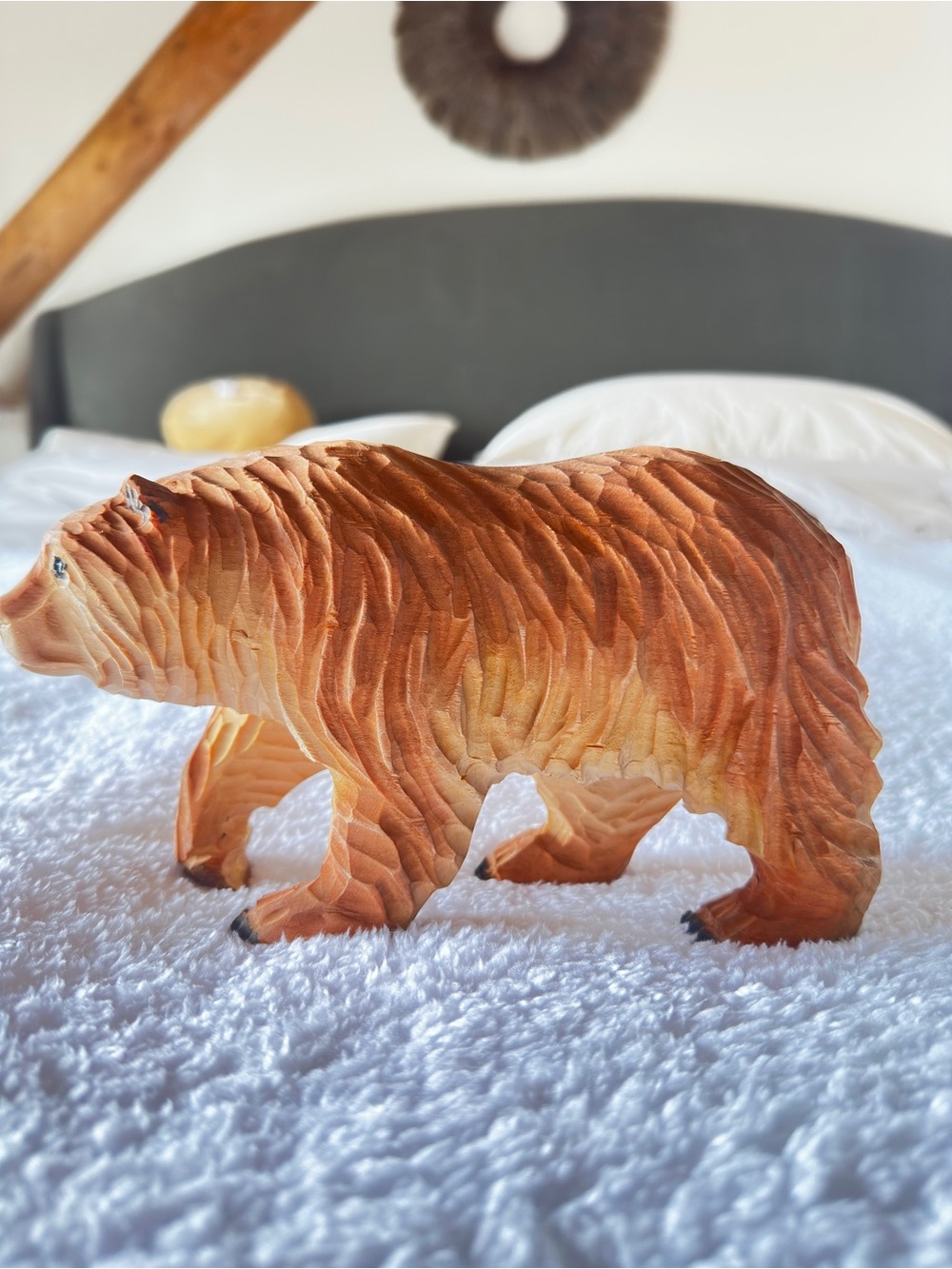 Hand Carved Wood Bear Figurine | Grizzly Bear Sculpture Folk Art Cabin Decor - Picture 4 of 8